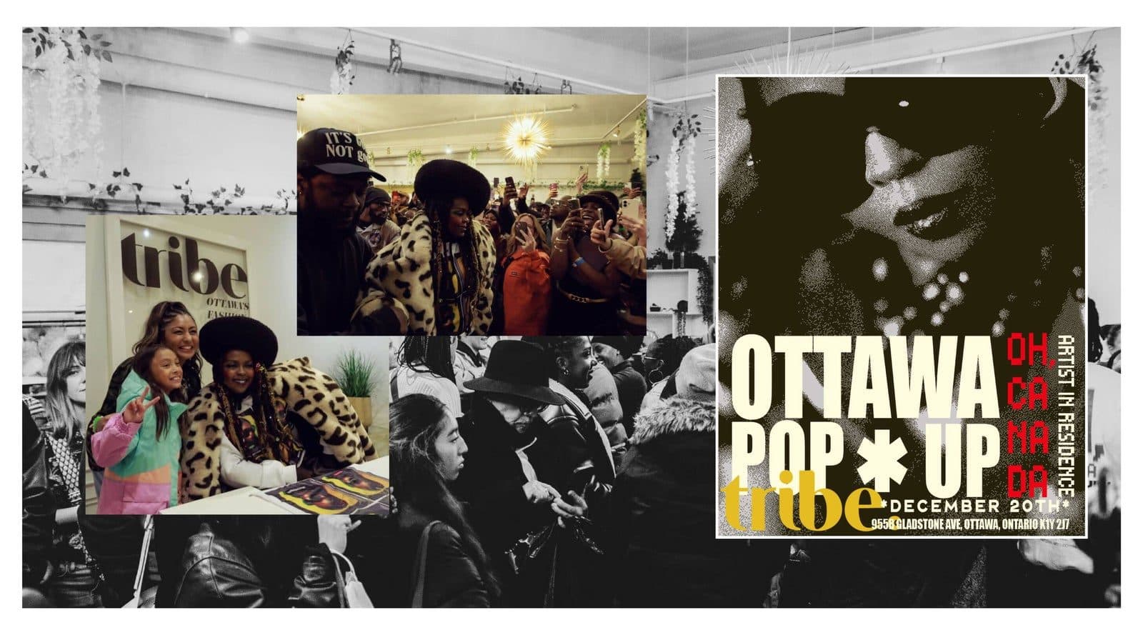 The TRiBE Co. x Ms. Lauryn Hill pop-up poster beside photos of the crowd in the shop