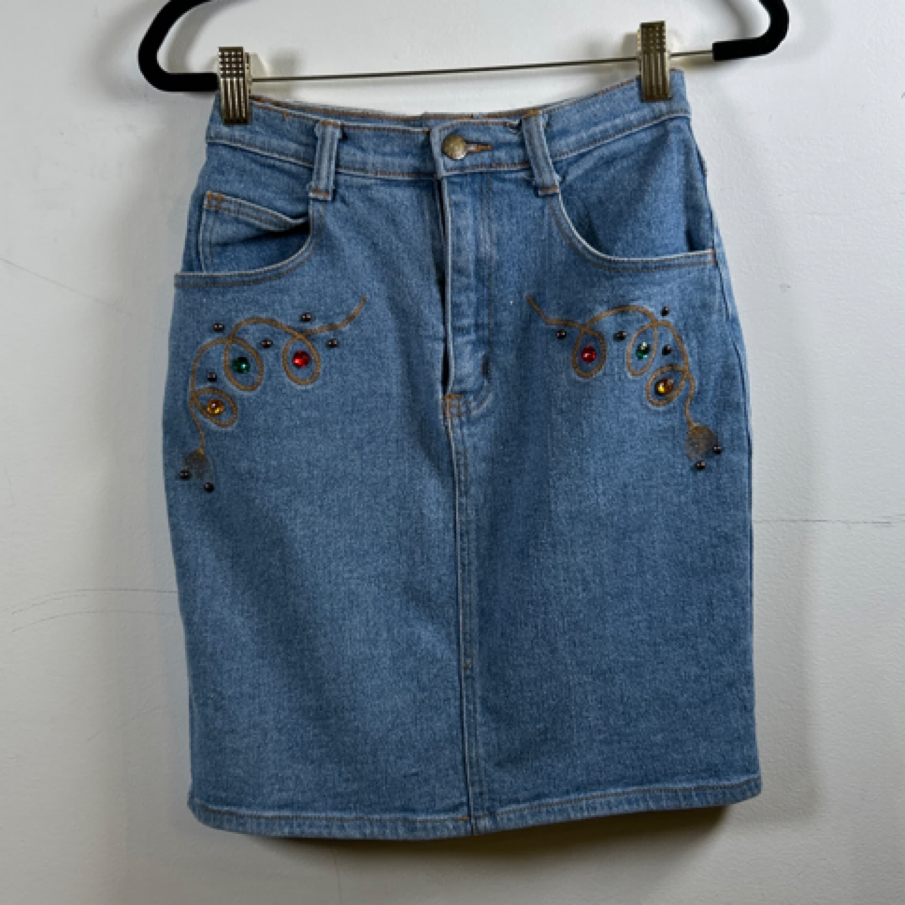 Blue denim skirt with crystal accents