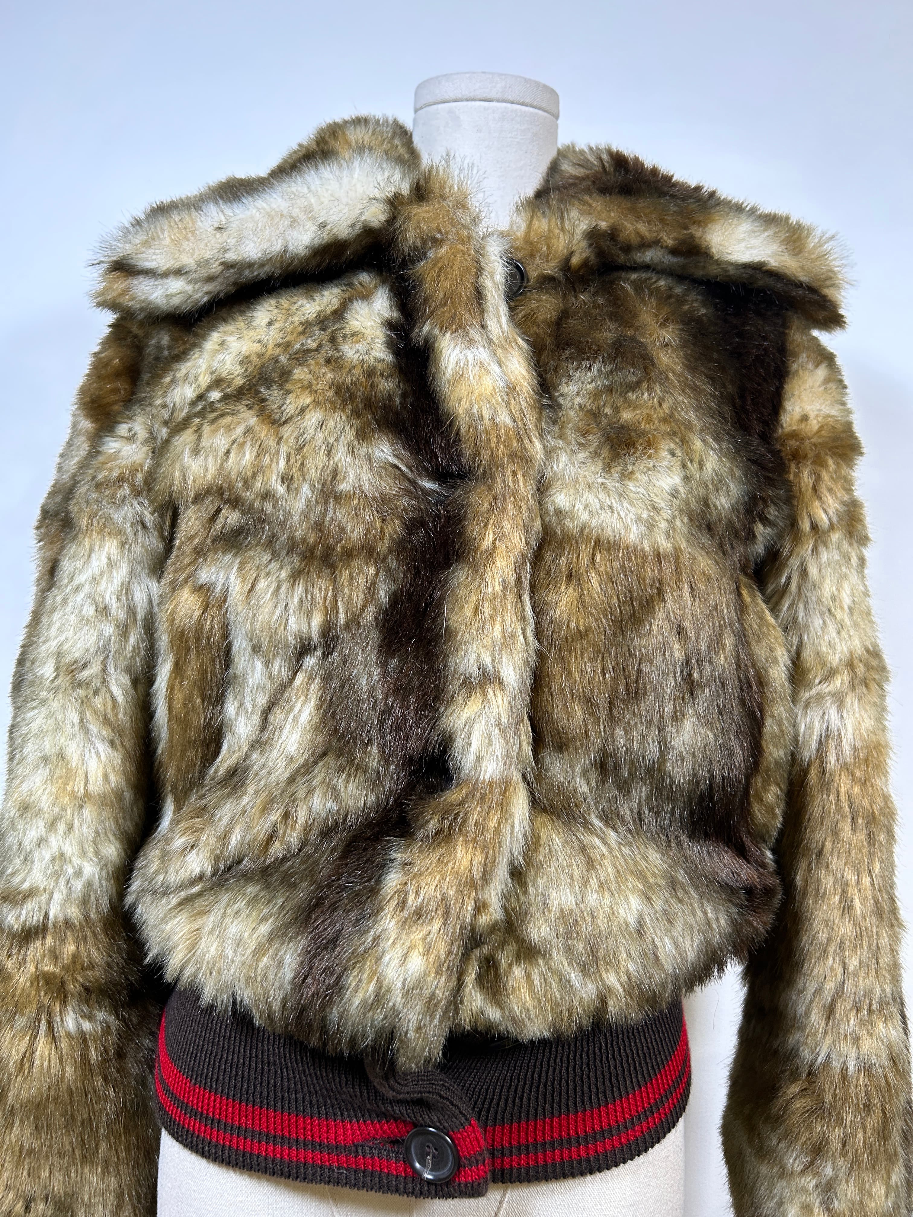 Replay Cropped Fur Coat with Brown and Red Cuffs XS