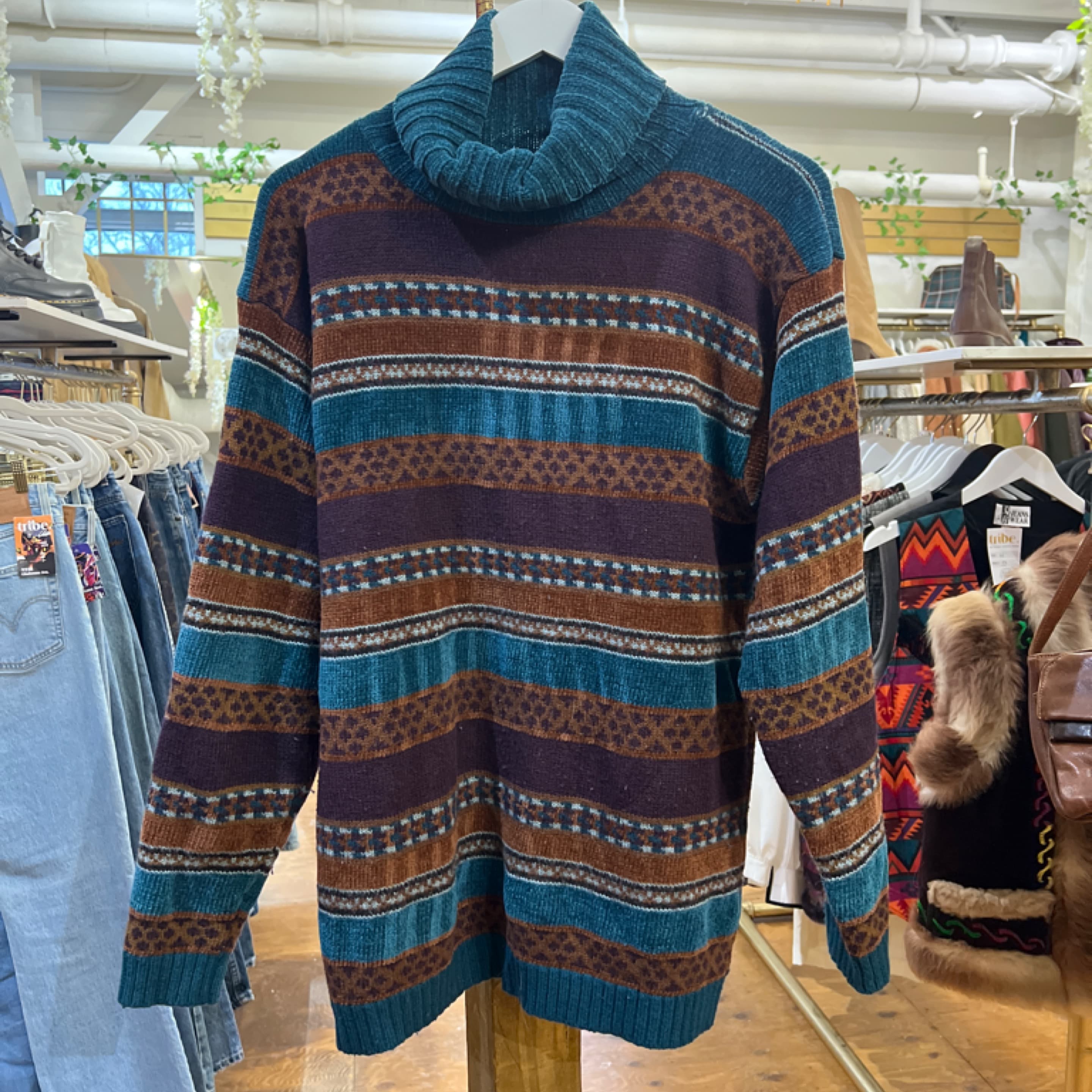 Teal/Multicolour Turtleneck Ski Sweater M