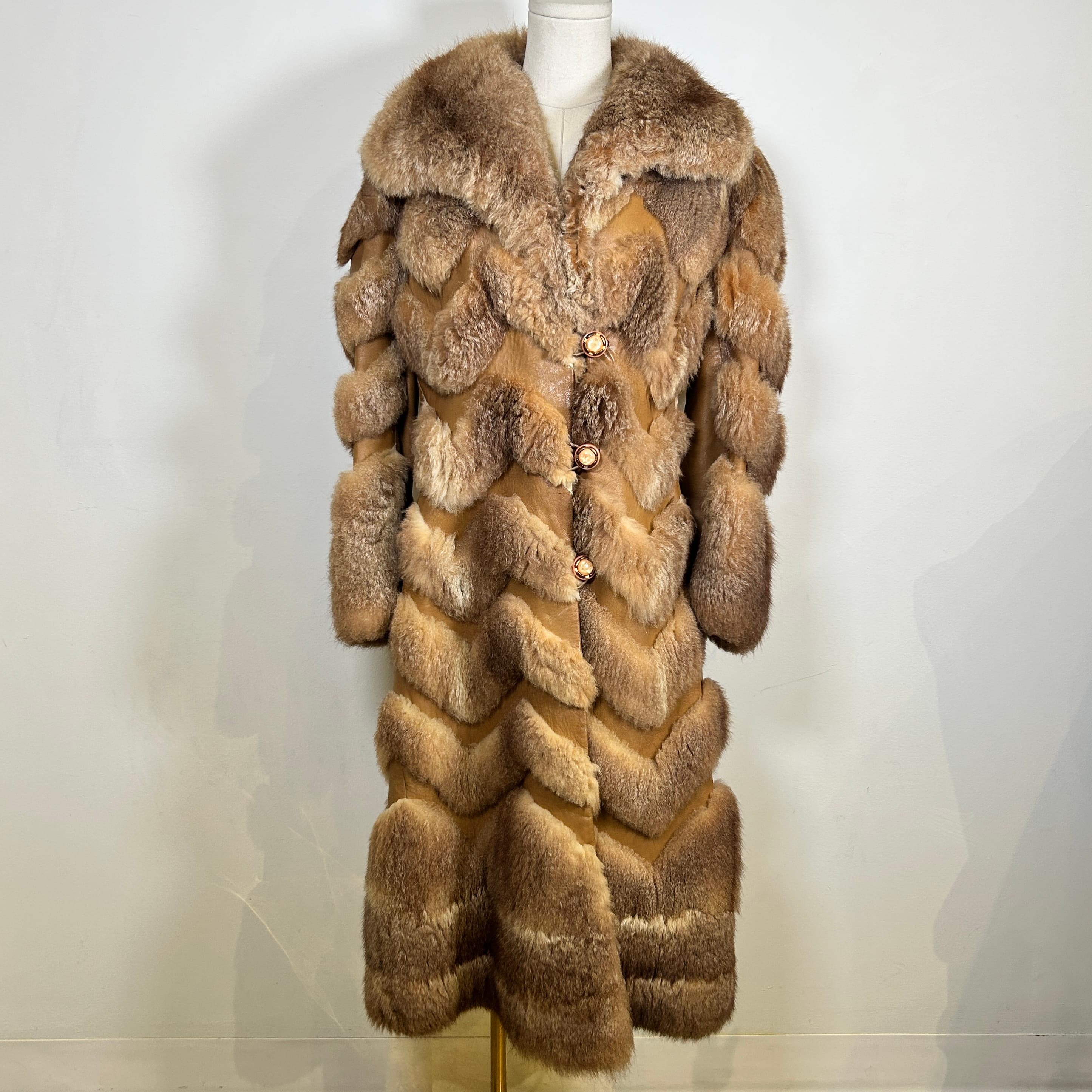 Brown Fur Coat with Herringbone Pattern S