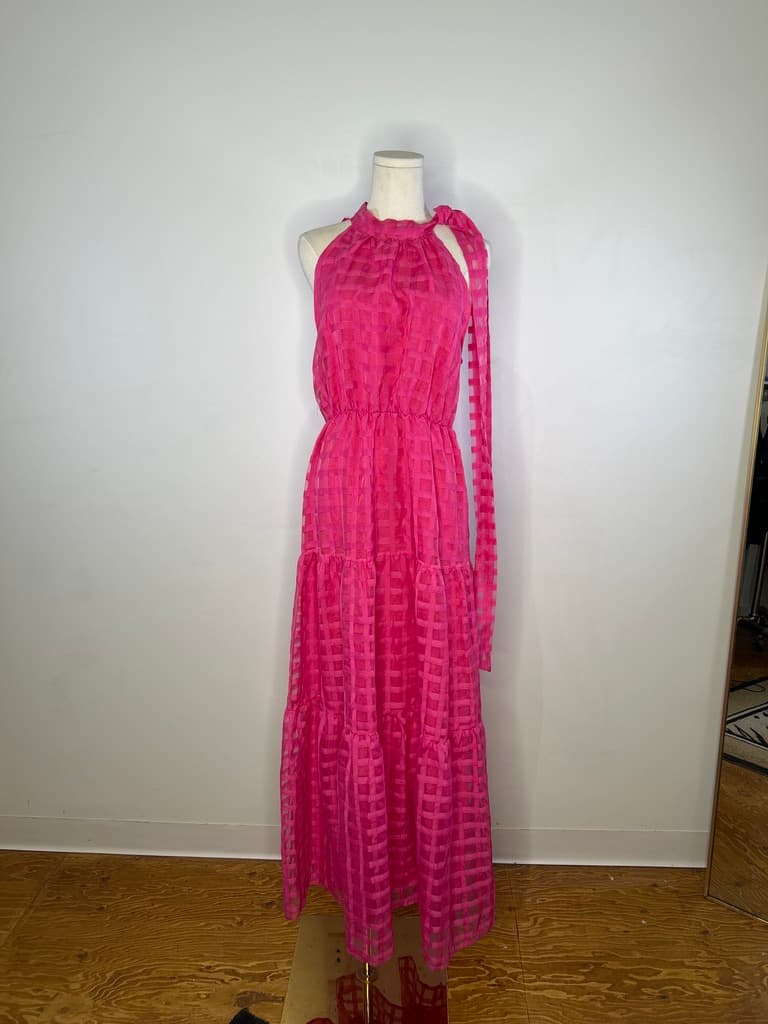 Bright pink midi dress with halter neck