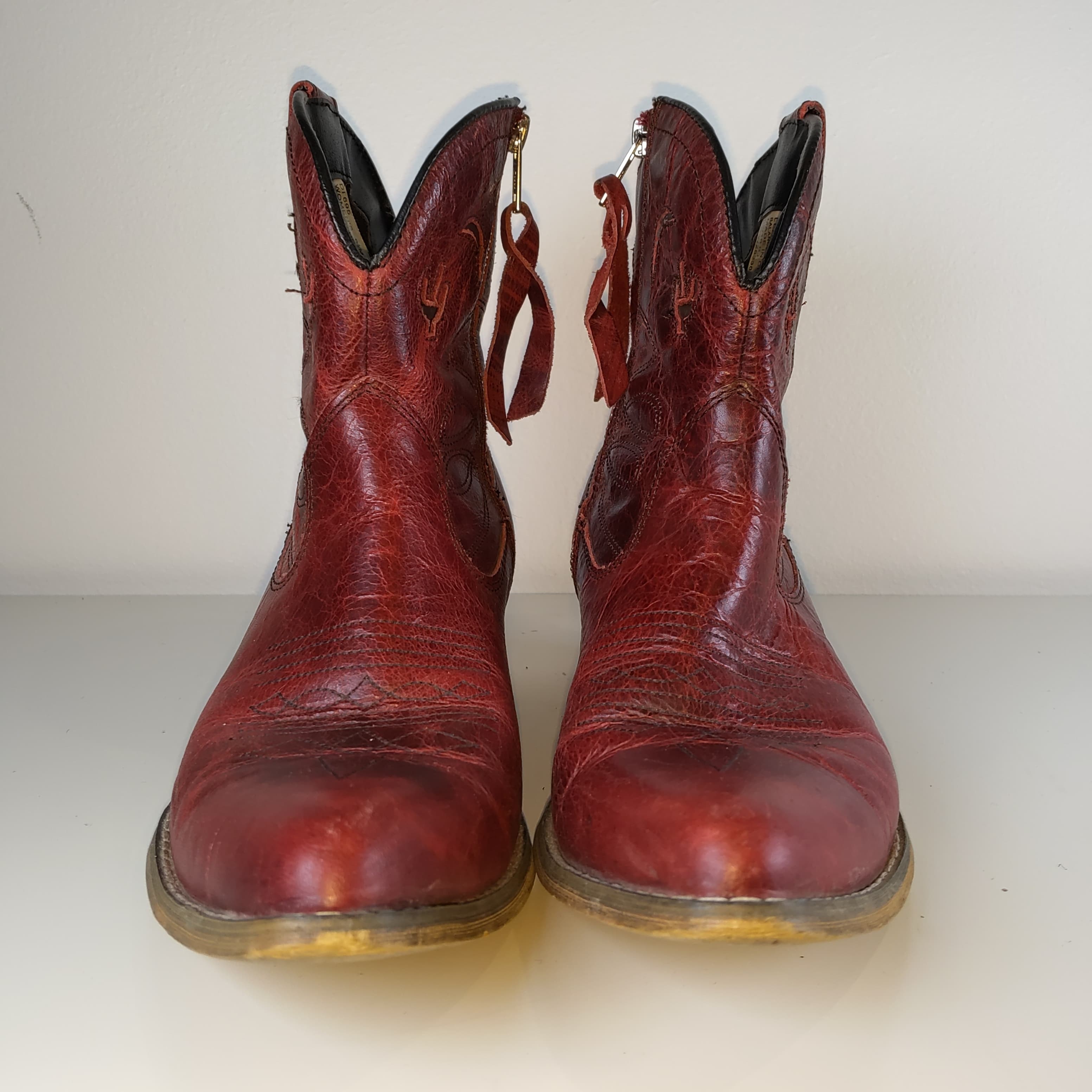 Dark Red Leather Cowboy Ankle Boots