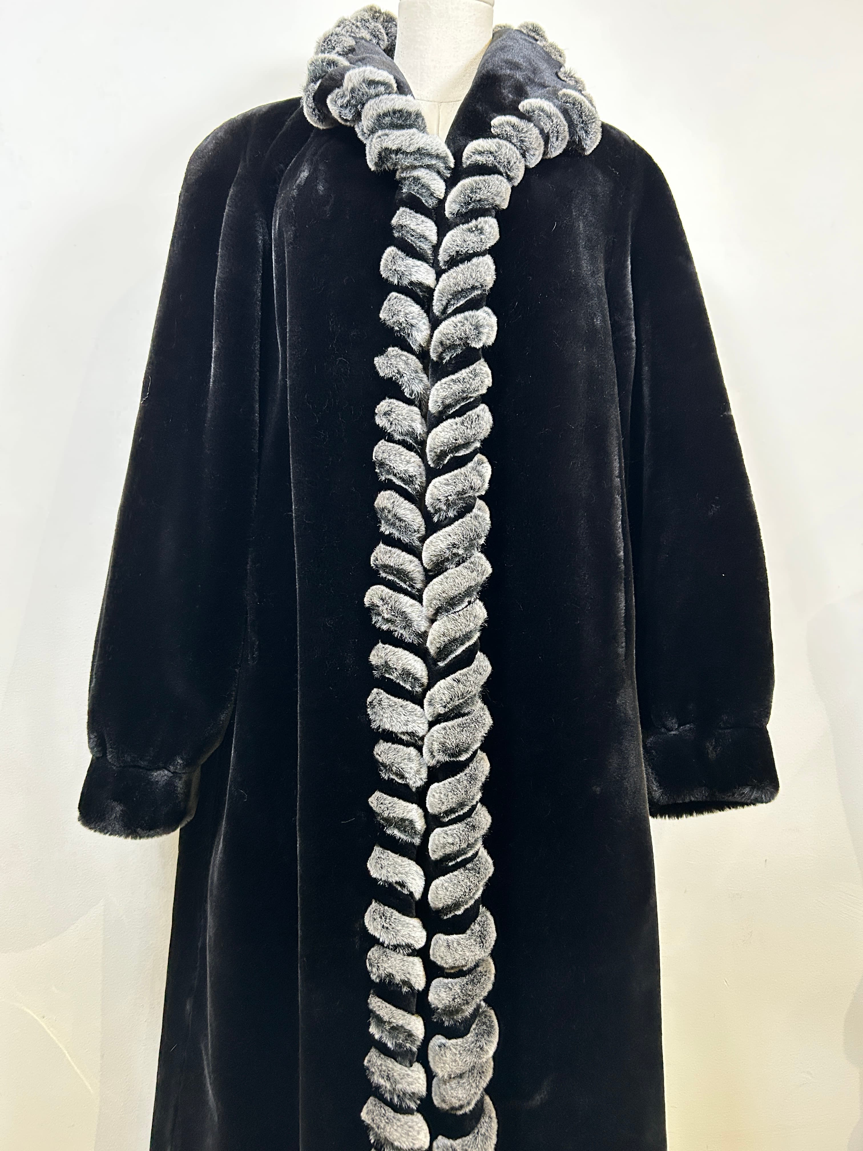 Moffi Fuzzy Long Black Coat with Grey Lining L